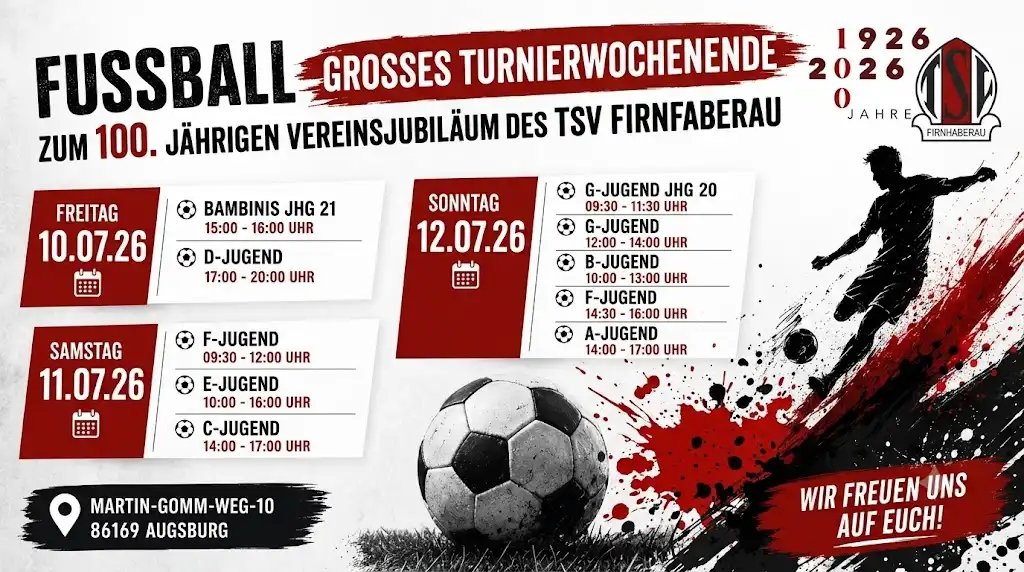 Großes Turnierwochenende zum 100 jährigen Vereinsjubiläum 10.07.2026-12.07.2026